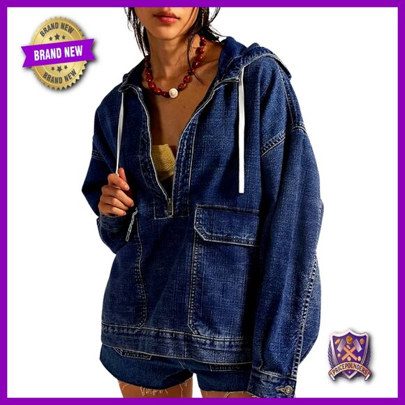 Oversized Denim Pullover Hoodie Half Zip Distressed Vintage Y2K Chic